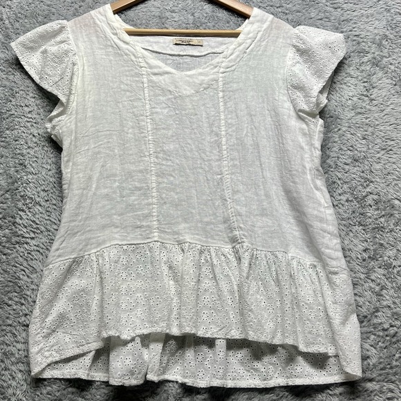 Lungo Larno Tops - Lungo Larno Womens Large White Linen Eyelet Ruffle Cap Sleeve Top Blouse Italy